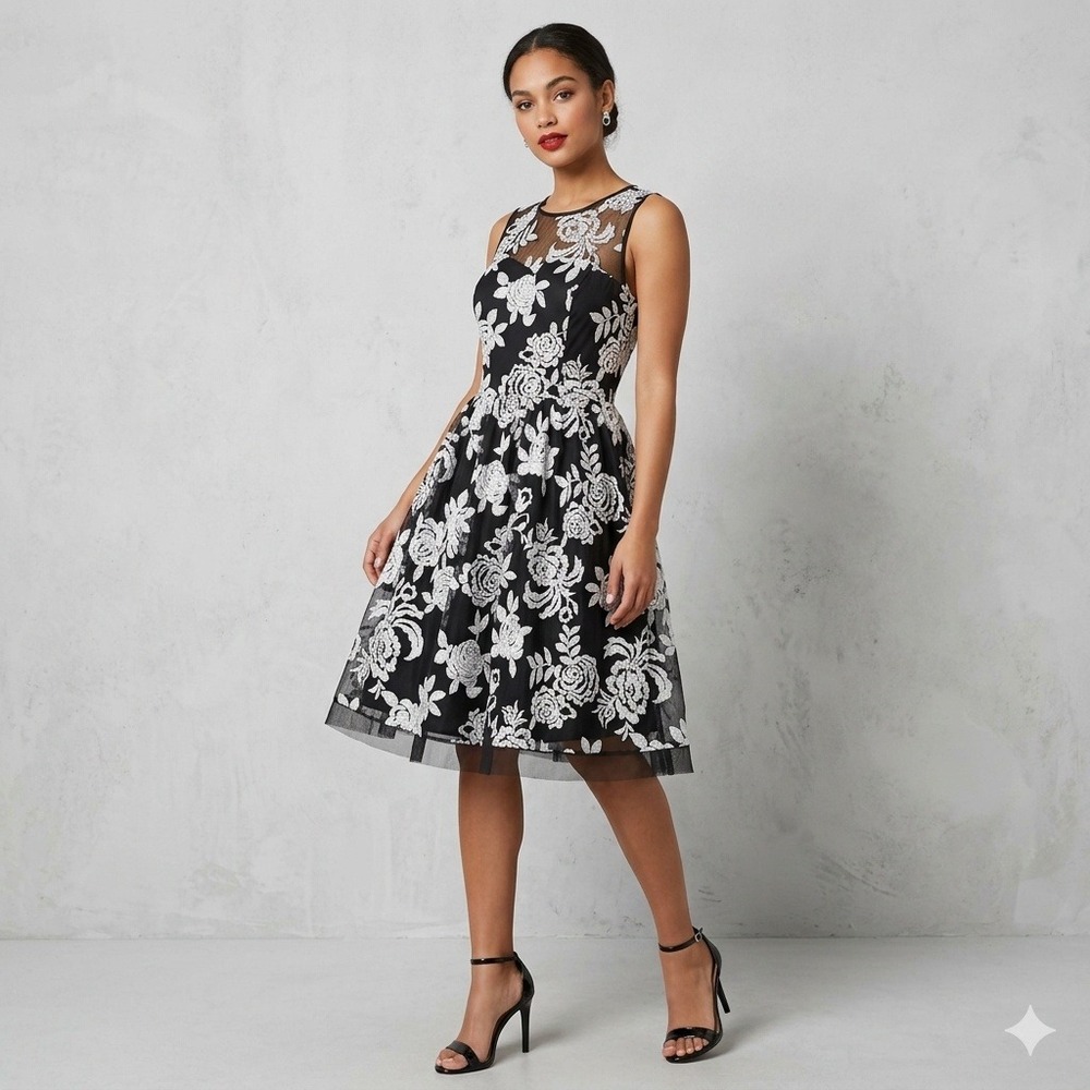 Eliza J Black White Floral Embroidered Mesh Fit Flare Dress Coquette Evening 10